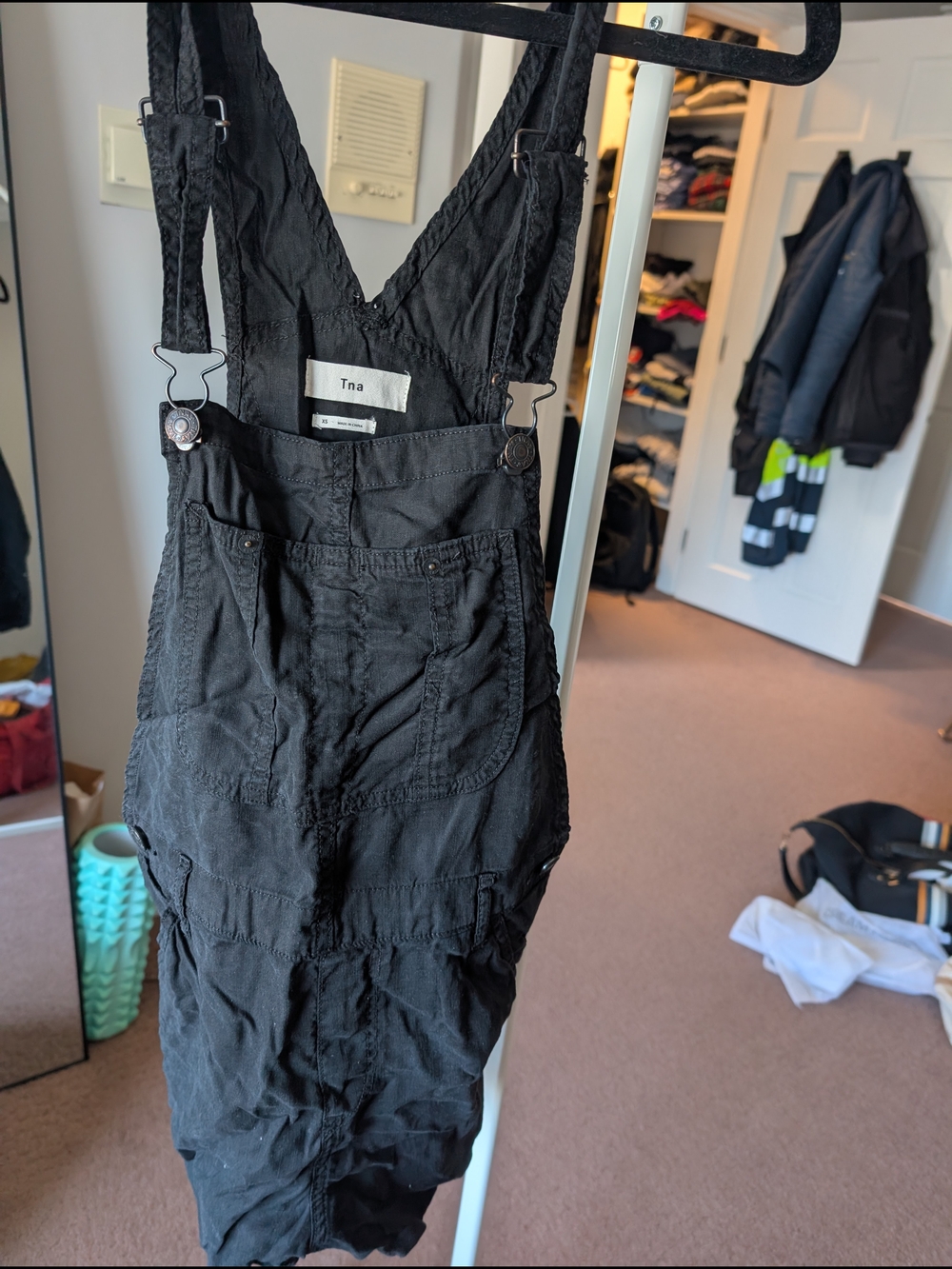 TNA Black Cotton Pinafore Overalls with Front Pocket